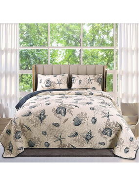Nautical Coastal King Quilt & Shams Shell Starfish Pattern Blue Reversible